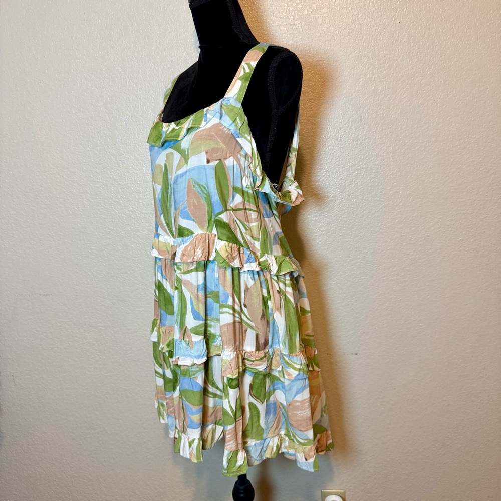 Girl And The Sun Ruffle Sun Dress Watercolor Leaf Print White Green Tan Size XL - Picture 5 of 14